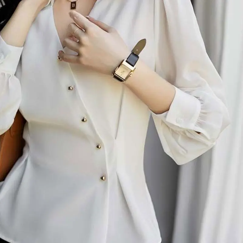 Office Lady Solid Color Waist Folds Blouse Fashion Asymmetrical Button Spring Autumn New Long Sleeve Female Elegant V-Neck Shirt