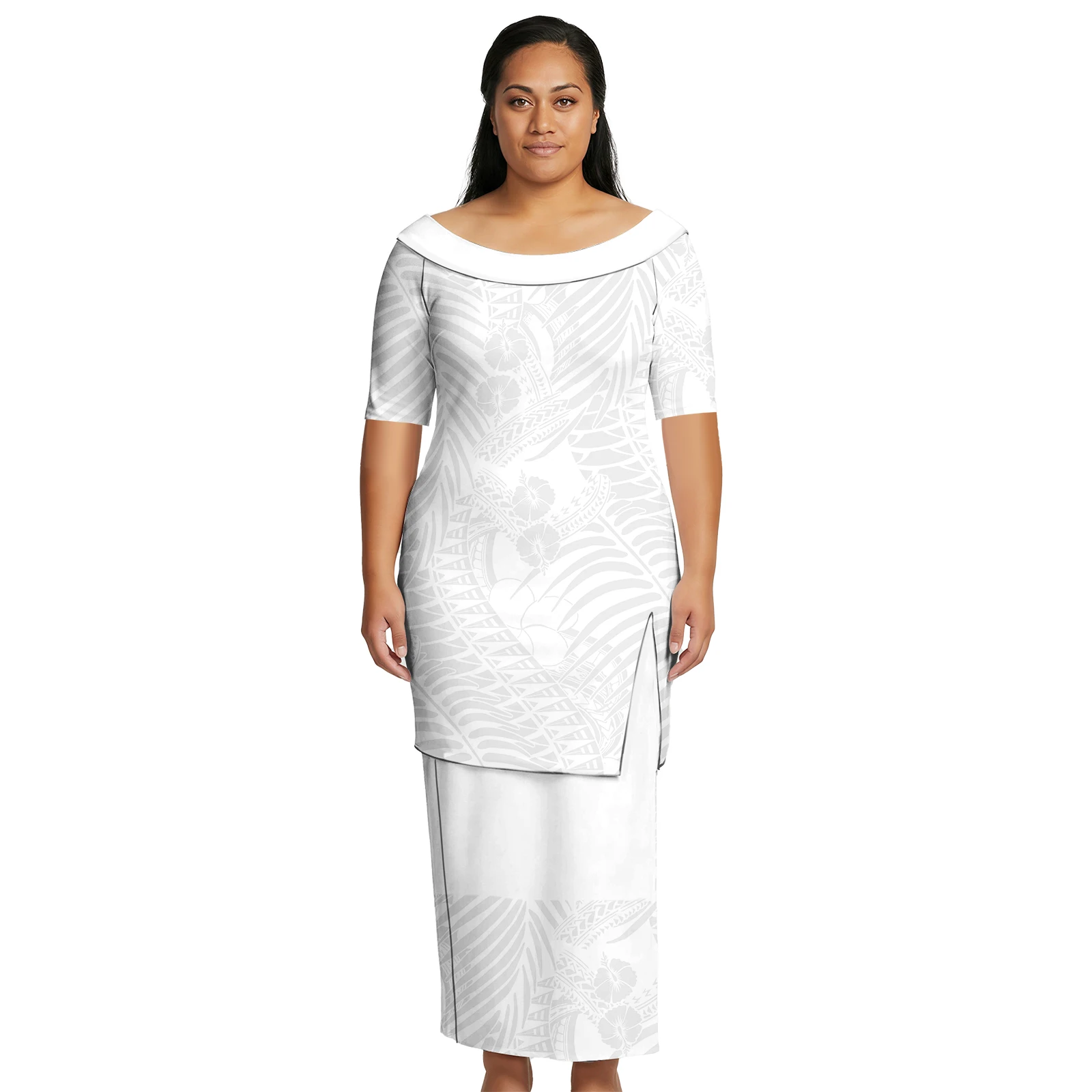 Tropical Pattern O-Neck Tops Slit Design and Skirts 2 Piece Set Women's Samoan Puletasi Polynesian Custom Tribal White Puletasi