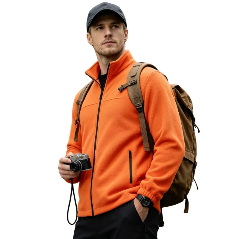 Men Solid Fleece Jacket Stand Collar Full Zip Warm Open Coat For Autumn Winter Outdoor Sports Casual Wear