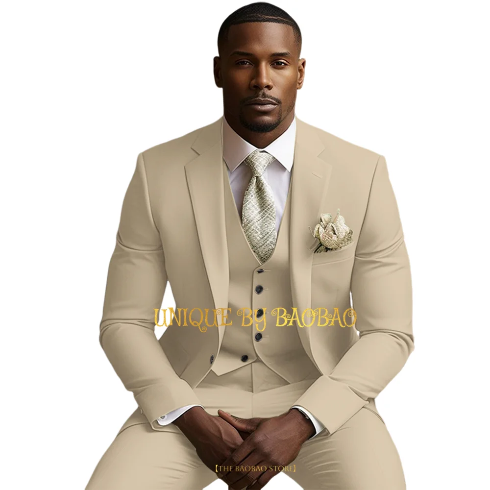 Men\'s Beige 3-piece Wedding Suit (Jacket + Vest + Trousers) Solid Color Slim Fit Banquet Birthday Party Evening Dress