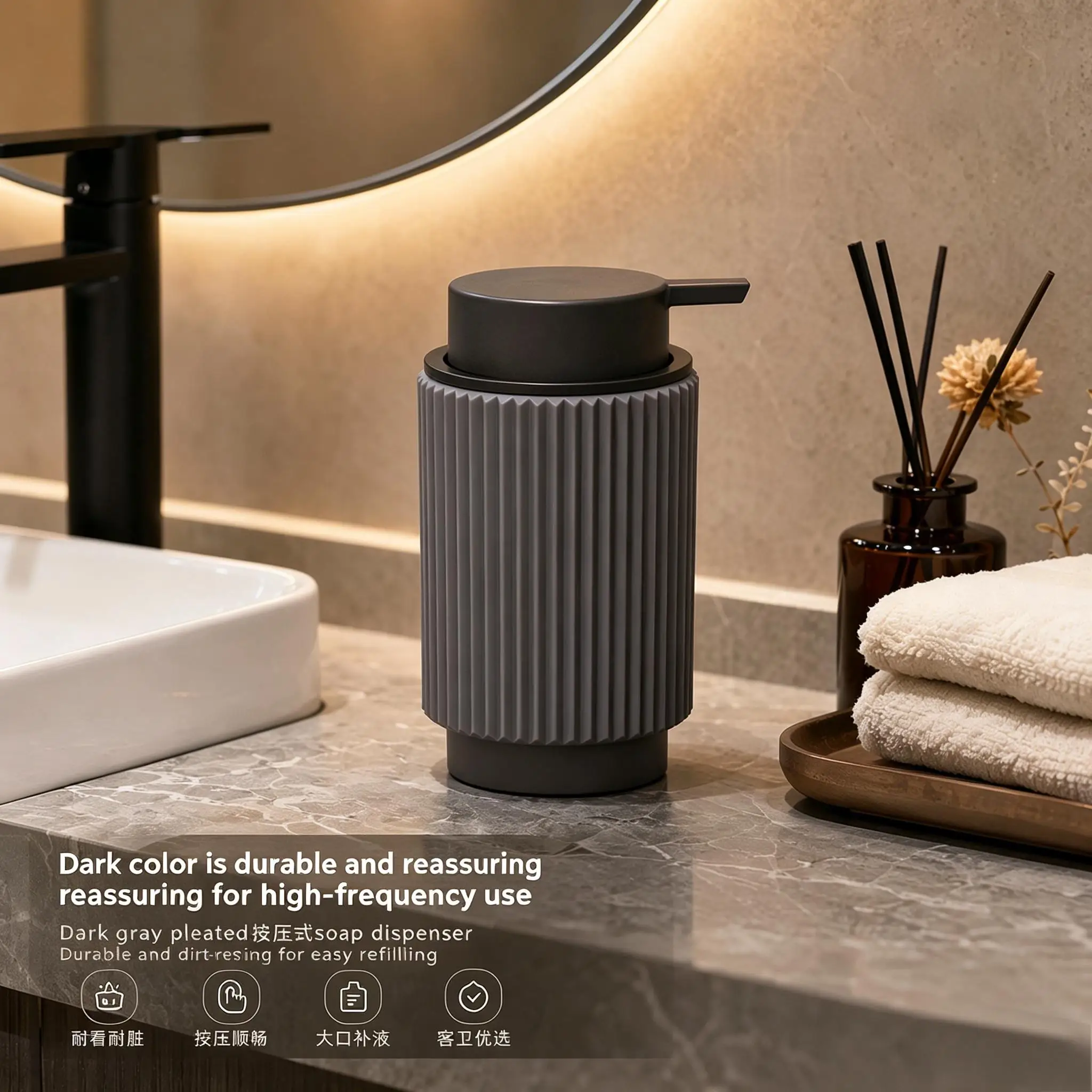 

BATHLUX 3D Ribbed ABS Soap Dispenser Anti-Slip Refillable Liquid Bottle Modern Minimalist Style Bathroom & Kitchen Accessory
