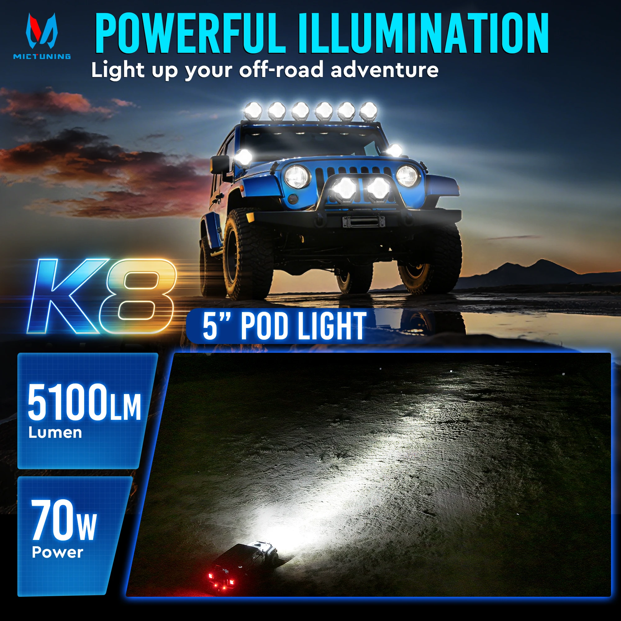 MICTUNING 5Inch K8 Halo UltraDrive Pod Lights,Off-Road Driving Beam,Spotlight/Floodlight for Trucks Motorcycle ATV UTV SUV Car