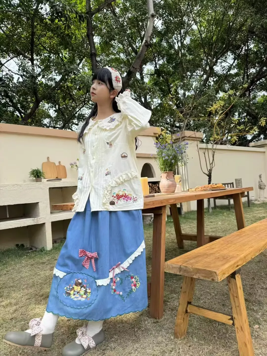 

Vintage Denim Cartoon Embroidery Long Skirt for Women Retro Cute Sweet Mori Girl Lolita Midi Skirt