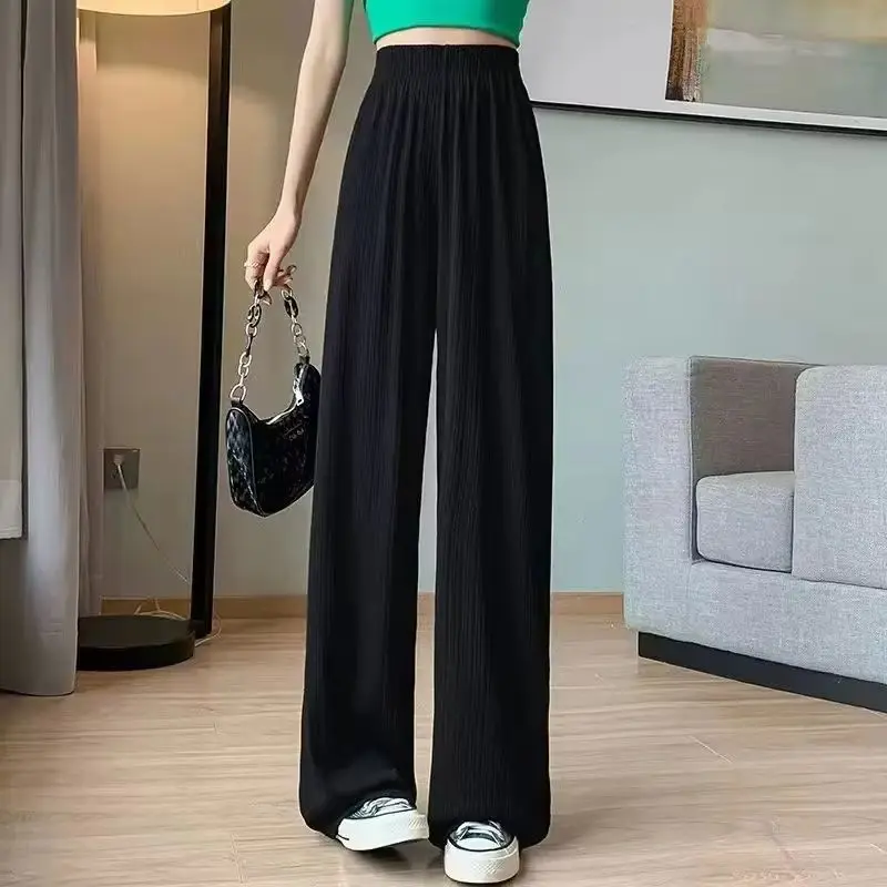 Women Ankle Length Wide Leg Pants Casual Summer Solid Elastic Waist Loose Ice Silk Pants Spring Summer 2025 New Female Trousers