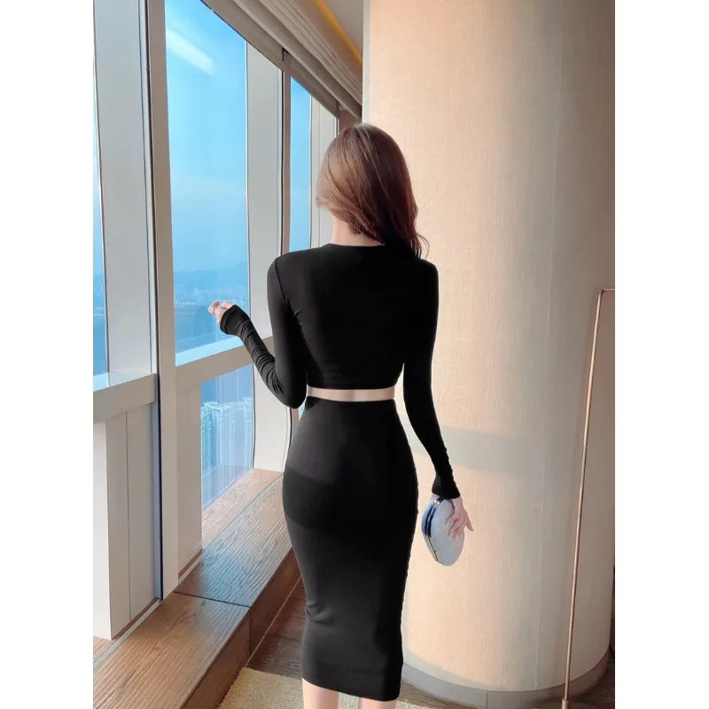 Godd Sle カジュアル ロングスリーブ ラウンドネックトップ ハイウエストスカート ツーピースセット 通気性 中薄 冬服