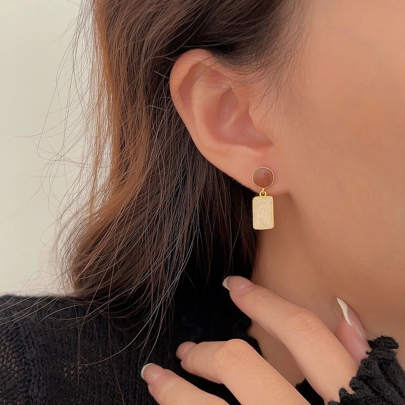S925 pure silver geometric contrasting color drop glazed earrings for women with Hong Kong style, light luxury and high-end feel