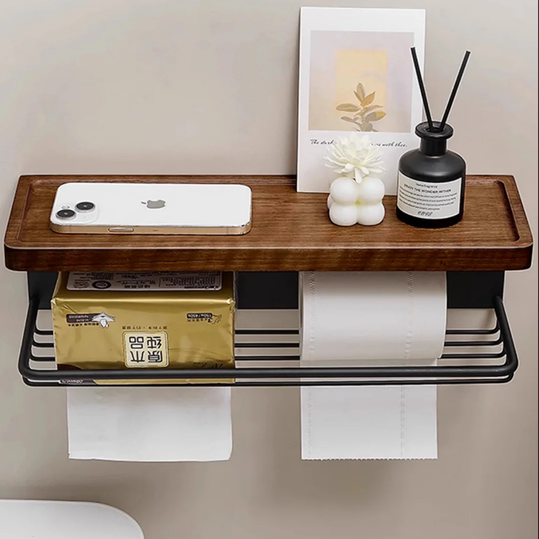 Walnut Aluminum Black bathroom paper Holder with Shelf Wall Mounted Tissue Holder paper roll holder Tissue Box