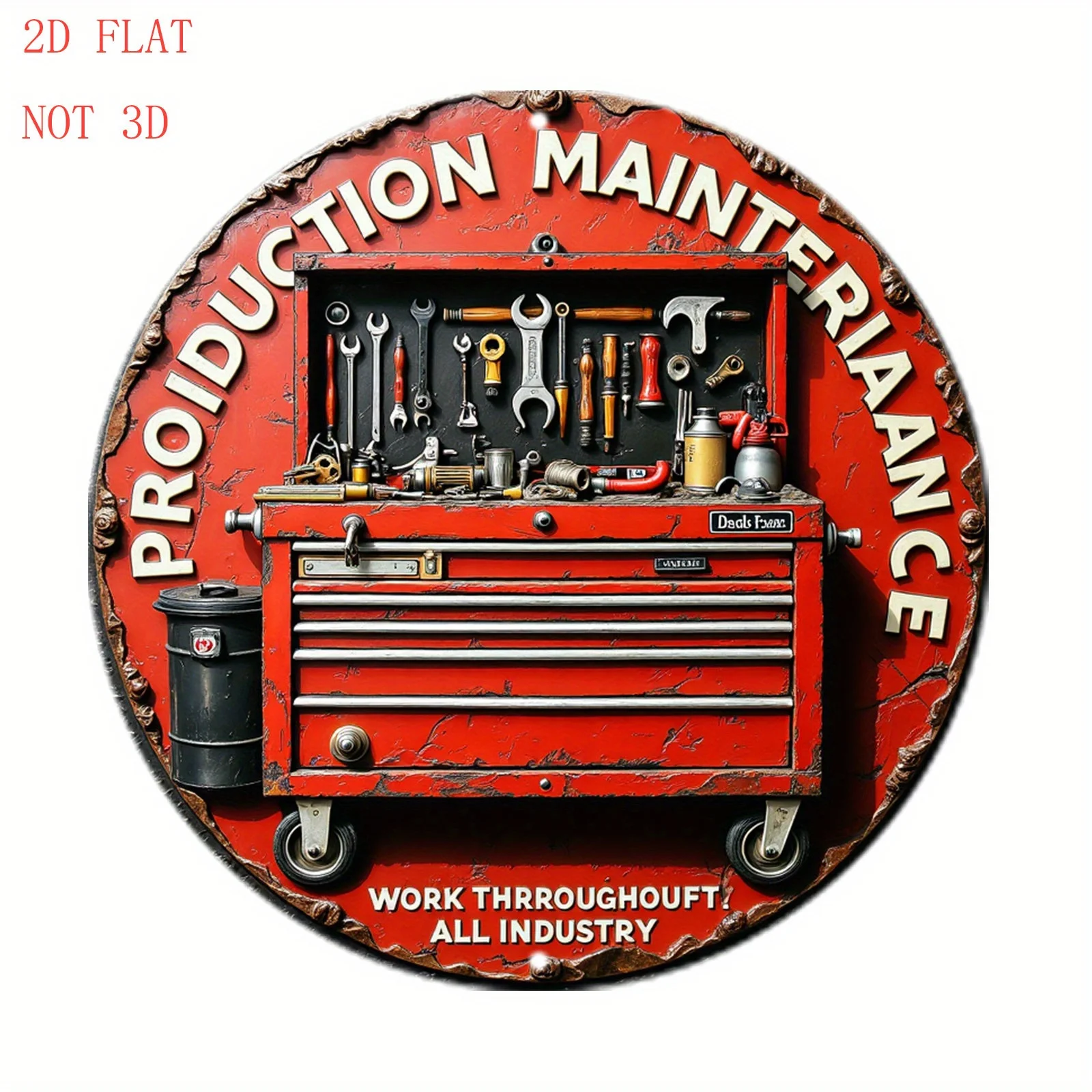 2D Flat - 8-Inch Toolbox Featuring Wrenches And Gears, Designed for Production Maintenance. Round Aluminum Wall Sign, Perfect As