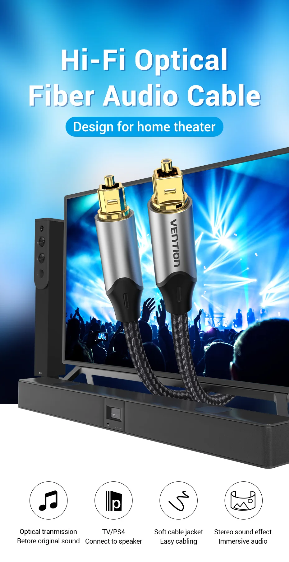 Vention Digitales Glasfaserkabel Toslink SPDIF Koaxialkabel für Verstärker Player Xbox PS5 Soundbar Kabel Optisches Audiokabel – Detail 1