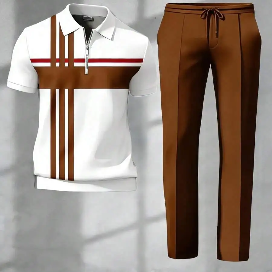 Mens Casual Shirt With Collar Short Sleeves Striped Print And Matching Pants