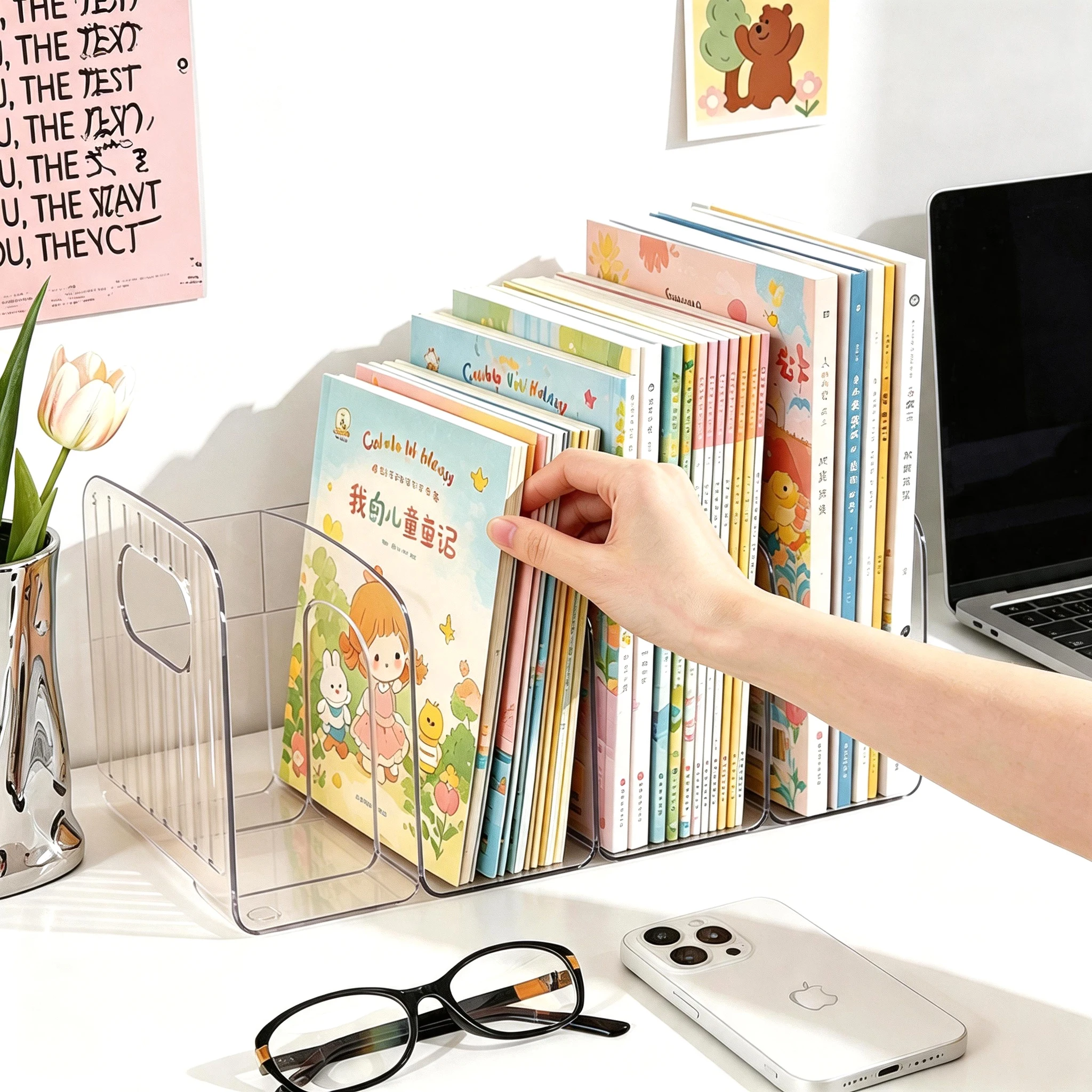Portable Clear Acrylic Bookends with Handle Desk Organizer Divided Book Stand Desktop Book Holder Study Supplies
