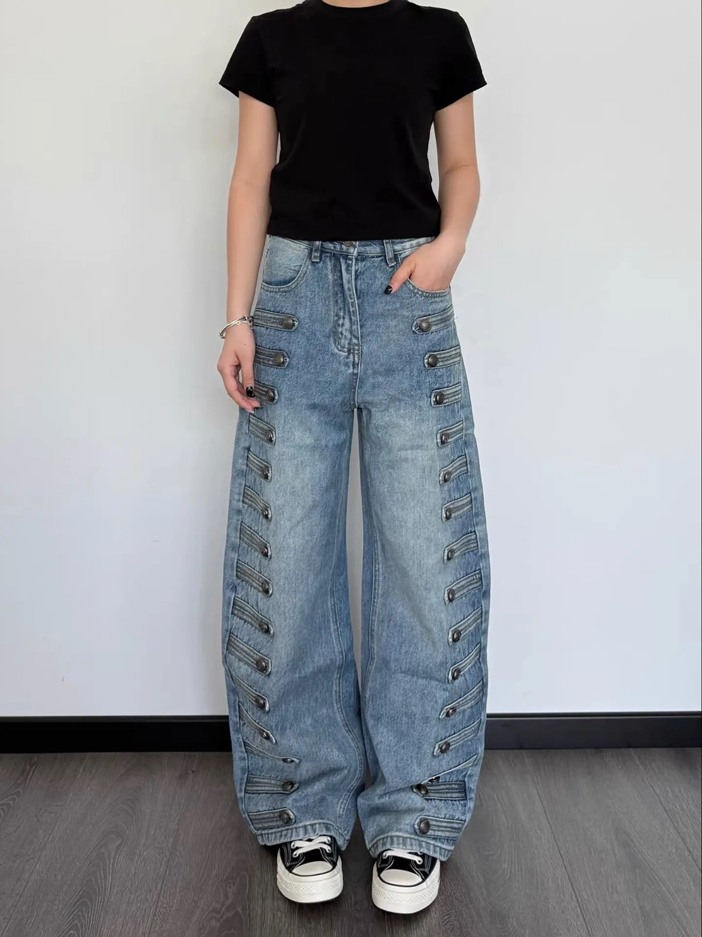 Deconstructed Men's Jeans with Metal Button Loose Casual Pants Wide Leg Draping Long Trousers Spring Autumn Seasonal Wear