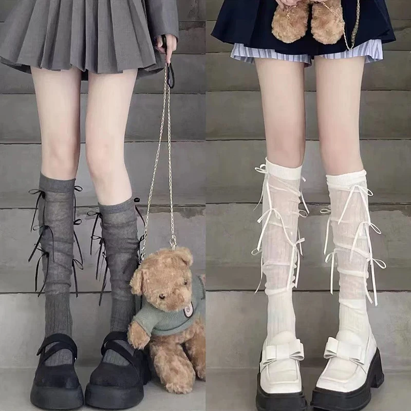 

JK Bow Socks Sweet Lolita Women's Socks College Style Mid Calf Striped Calf Socks Knee Socks Leg Stockings