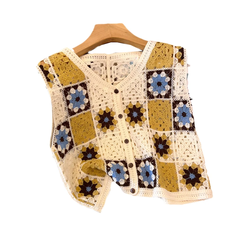 Flower Colored Hollowed Out Knitted Vest Women\'s Summer V-neck Geometric Floral Cardigan Vintage Loose Crop Top Waistcoat