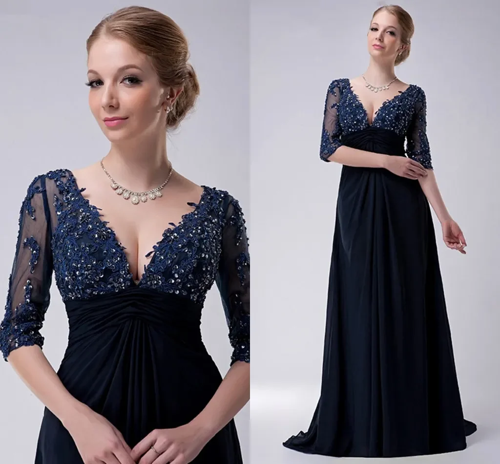 2024 New Navy Blue Mother Of The Bride Dresses A-line Half Sleeves Chiffon Lace Beaded Long Elegant Groom Mother Dresses