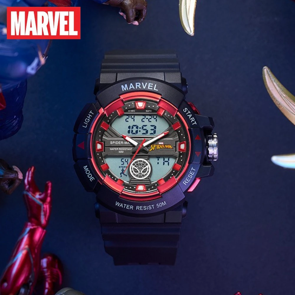 Marvel Disney Gift With Box Iron Man Core Sports Dual Display Luminous Waterproof Alarm Clock Children\'s Electronic Watch