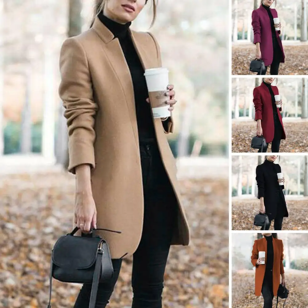 

Solid Color Jacket Elegant Women's Woolen Coat with Stand Collar Slim Fit for Fall Spring Ideal for Office Wear Formal Events