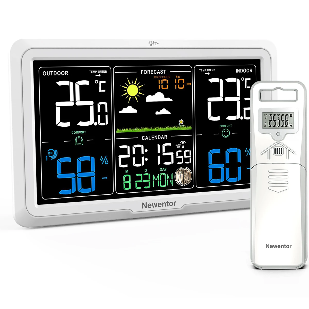 Newentor-home Estação Meteorológica sem Fio Termômetro Interior e Exterior 7.5 Display com Relógio Atômico Previsão e Barômetro