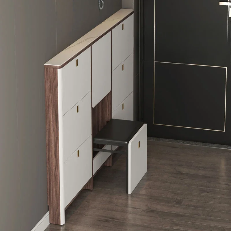 Ultra-thin shoe cabinet solid wood household door explosion modern tipping bucket seat integrated narrow