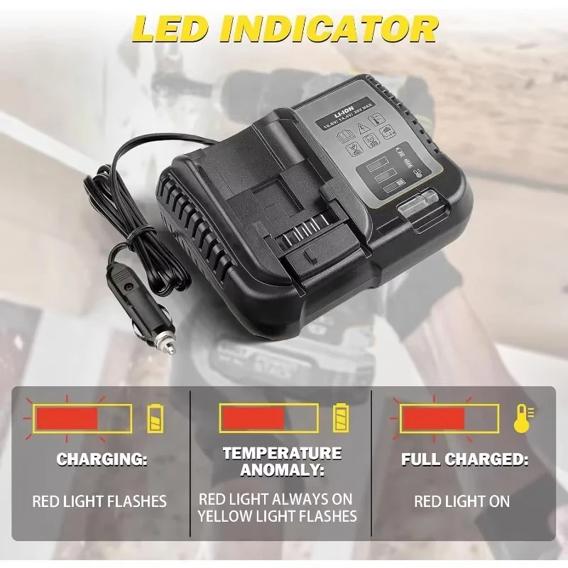 For Dewal，12V 20V 60V Lithium-Ion Battery use on Car Charging Input 12V/24V Cigarette Lighter Plug Car Charger DCB200 DCB230