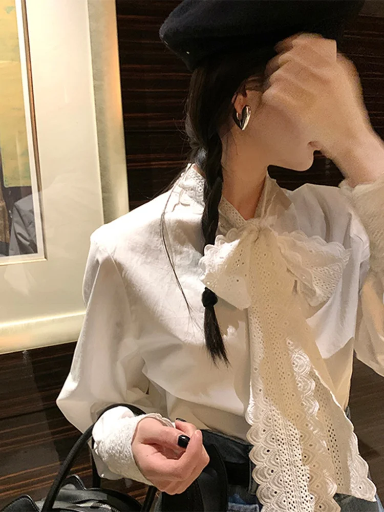 

White Blouse Women's Fashionable Layered Inner Wear Base Shirt Spring Autumn New Style Loose Fit Button Detail Knot