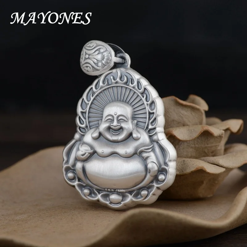 

990 foot silver retro Maitreya Buddha pendant with peace and fortune character talisman for women's necklace jewelry