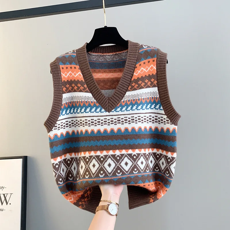 #3907 Knitted Vest Waistcoat Women V-neck Slim Vintage Sweater Vest Female Plaid Striped Sleeveless Short Vest Pullovers Autumn