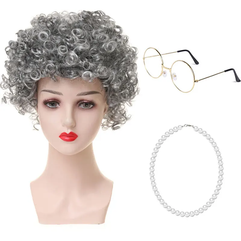 Wig Nenek Cos Halloween Nenek Rambut Keriting Charterer Pertunjukan Panggung Alat Peraga Penutup Wig