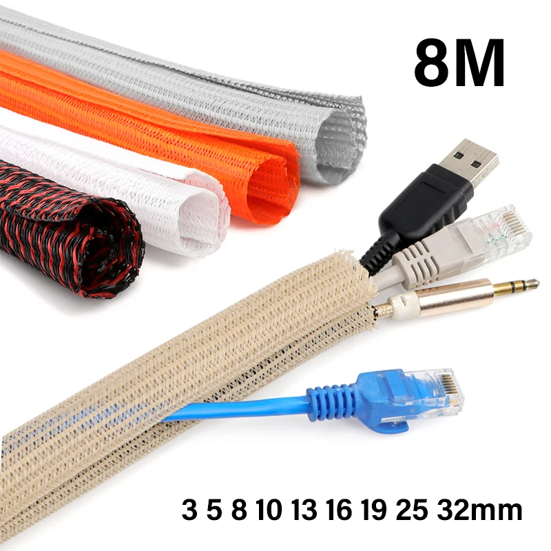 8Meters Self-Closed Cable Sleeve 3 5 8 10 13 16 19 25 32mm PET Braided Wear Resistant Insulated Protection Wire Organizer Sheath