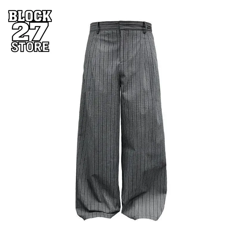 Mens Pants Harajuku Summer American Bubble Pleated Plaid Trousers Lightweight Structured Straight Wide Leg Casual Streetwear New