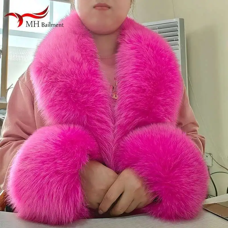 

Real Fox Fur Collar And Cuffs Set Winter Russian Furry Fur Scarf For Ladies Coat Jackets Hood Scarves Luxury Brand Shawl Women