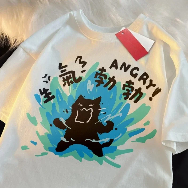 

Angry face black cat angry short sleeved womens T-shirt suitable for both men and womensummer couple style Y2K