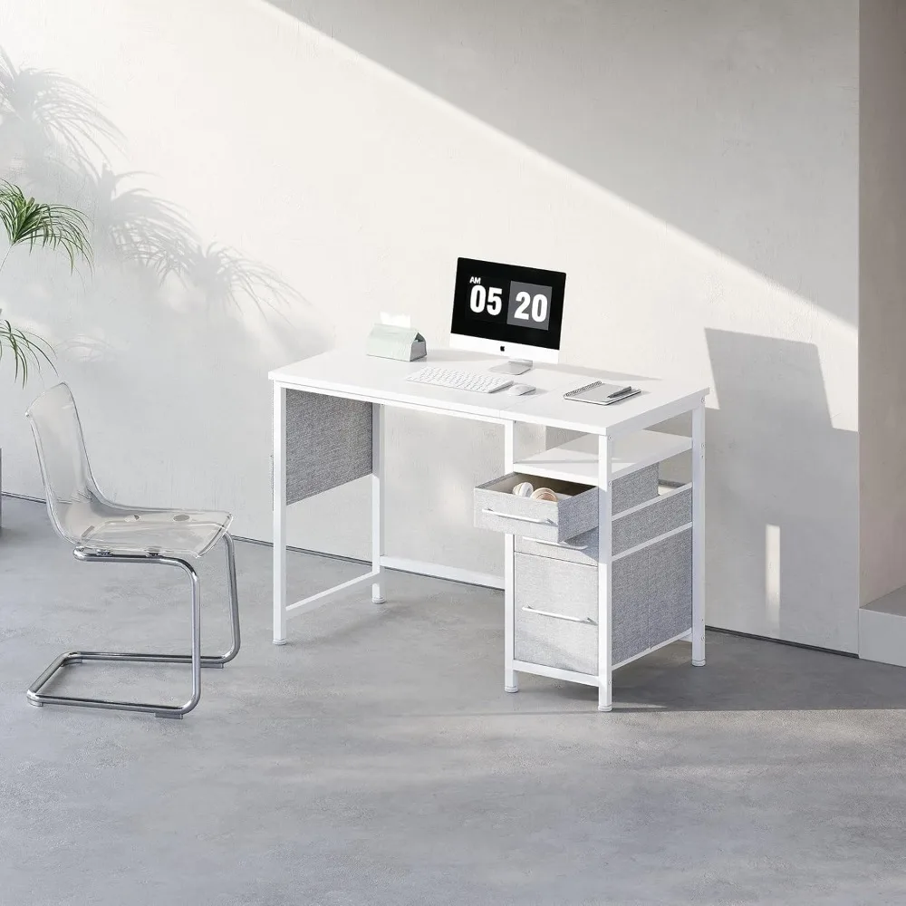 مكتب مدمج مقاس 40 بوصة مع أدراج وأرفف تخزين، مثالي لمساحات المكاتب الصغيرة ومكاتب الكتابة مع حل تخزين كافية