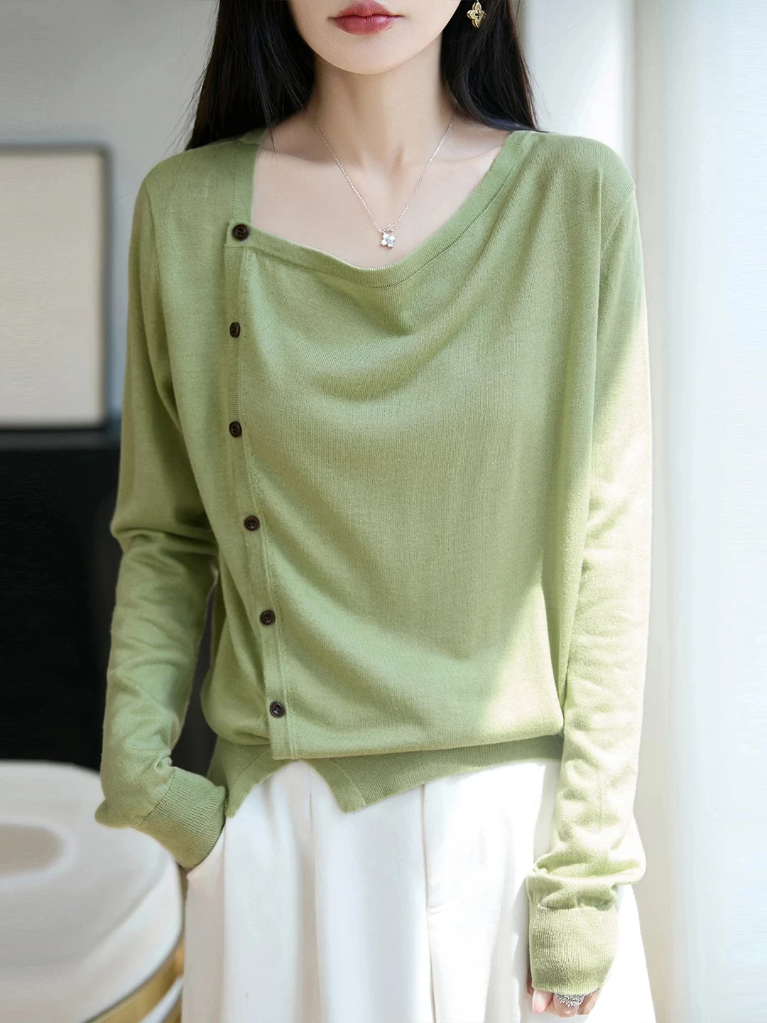 Asymmetric Slant Open Front Silk Wool Knitted Sweater Women's Loose Fit Soft French Style Fall Season Slimming Design Sensation