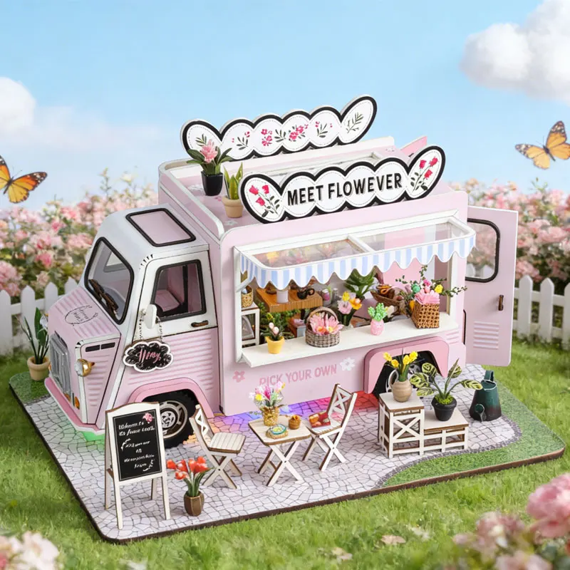 DIY Flower Truck Dollhouse Kit 3D Wooden Miniature Doll House Assembly Model with LED Light Toy Gift for Adults Home Decor