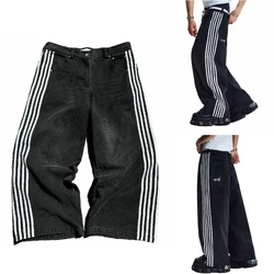 New Hip Hop Baggy Jeans  Harajuku Goth Y2k Jeans for Men Black Striped Embroidered Wide Leg Denim Pants High Street Streetwear