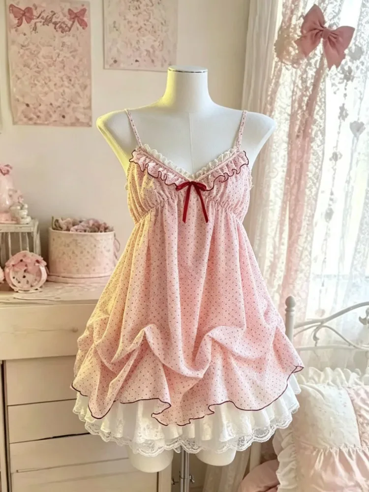 Süßes Lolita Mini-Kleid für Damen, Japanische Spitze mit Schleife, Vintage Rüschen, Retro-Kleid im Harajuku Y2k-Stil, Bandage-Kleid, Sommer 2026