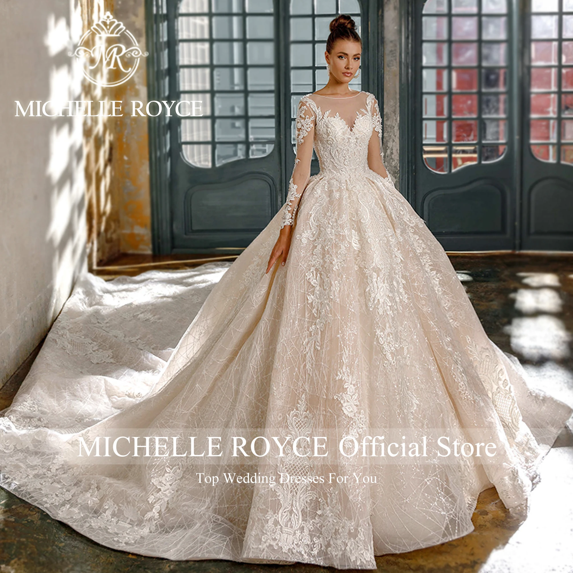 Michelle Royce หรูหราชุดแต่งงานสําหรับผู้หญิง Sweetheart Appliques Beaded เซ็กซี่แขนยาวชุดแต่งงาน Vestidos De Novia