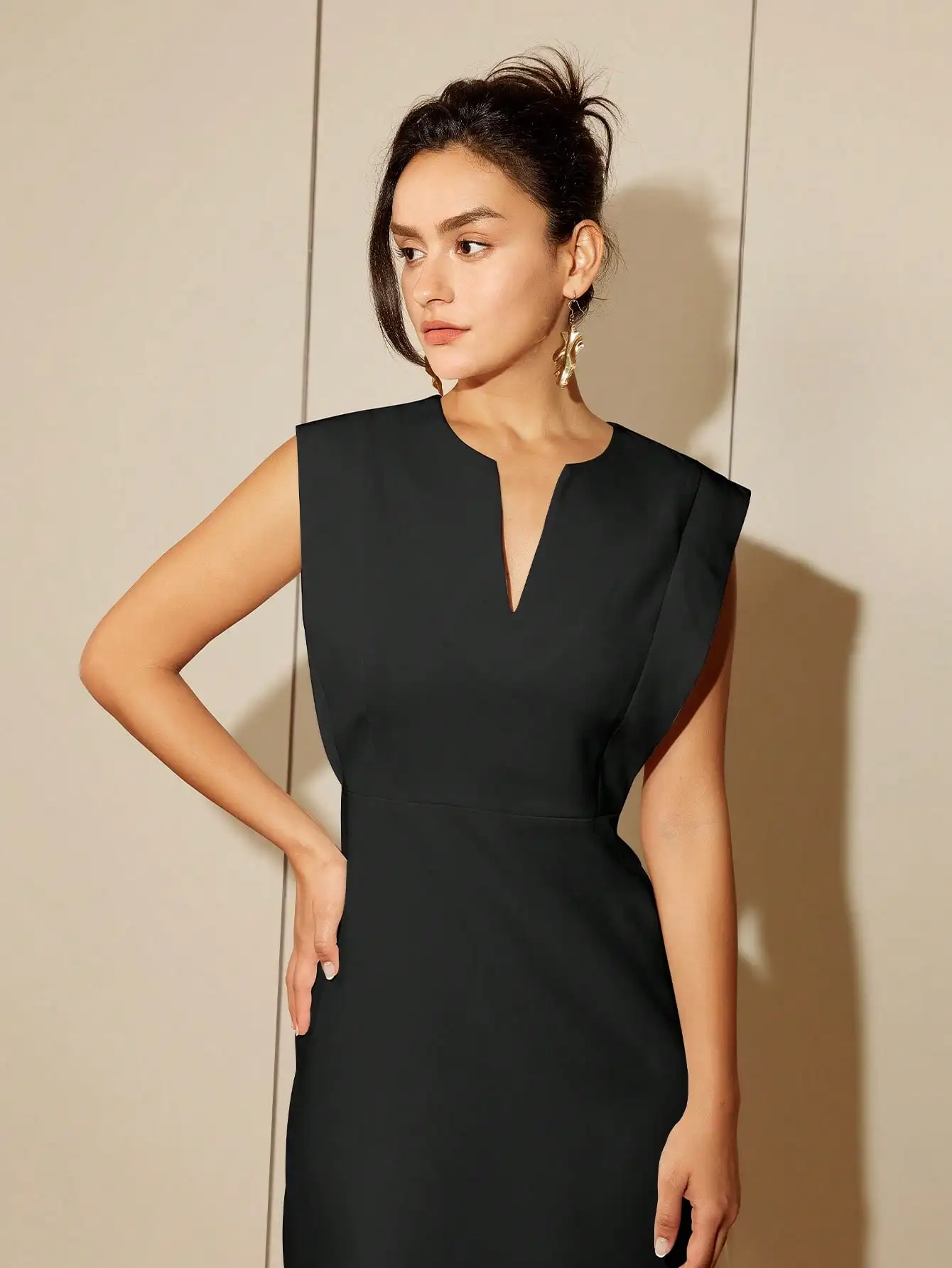 AEL Woman Fashion New Casual Elegant High Waist Sleeveless A Line Dress Solid Notched Neckline Dress