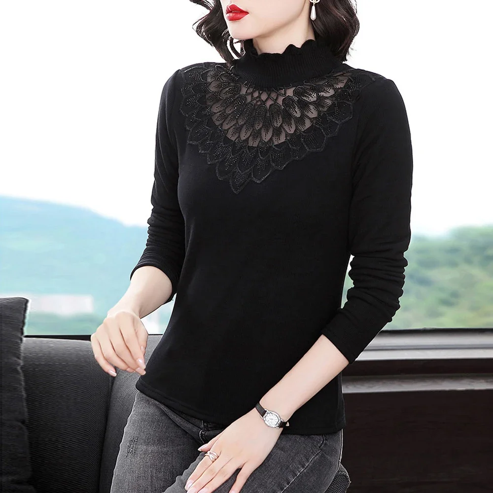 

Women Transparent Feather Lace Elastic T Shirt Blouse Girl S-3XL Black Female Bottoming Blouses Cheaper Tops Long Sleeves Shirt