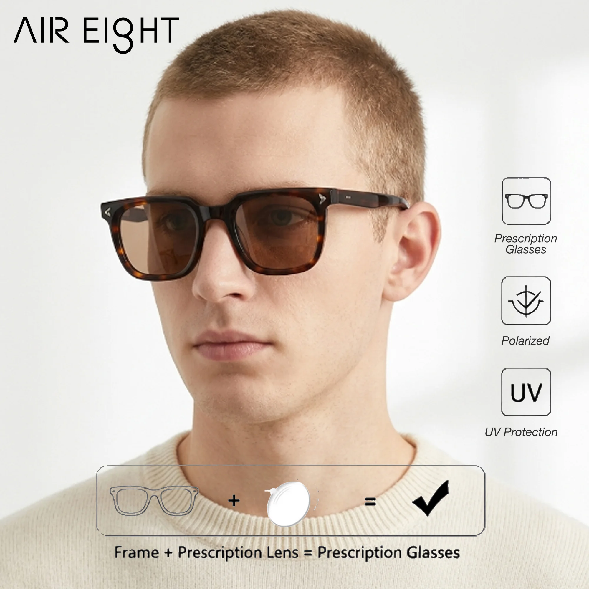 AIR EIGHT L Size Square For Men Handmade Acetate Prescription Sunglasses Polarized UV400 Classic Business Casual Eyewear