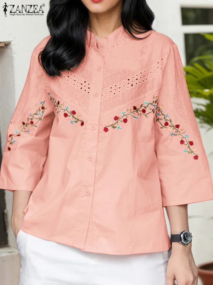 

ZANZEA 2025 Fashion Floral Embroidery Tunic Shirts Elegant Women Summer Tops 3/4 Sleeve Lace Patchwork Blusas Buttons Streetwear