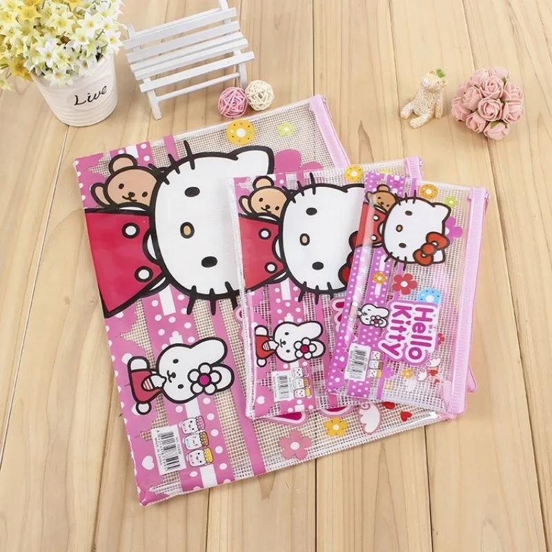 Sanrio Hello Kitty Mesh Zipper File Bag Waterproof Moisture-proof Zipper Folder Toy Storage Bag Storage Tools Cosmetic Bag Gifts