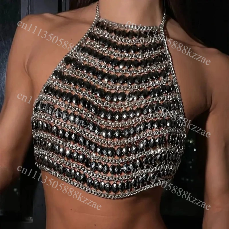 Metal Diamond Shaped Gemstone Hollowed Out Necklace, European And American Sexy Gemstone Inlaid Fashion Cover Bead Top