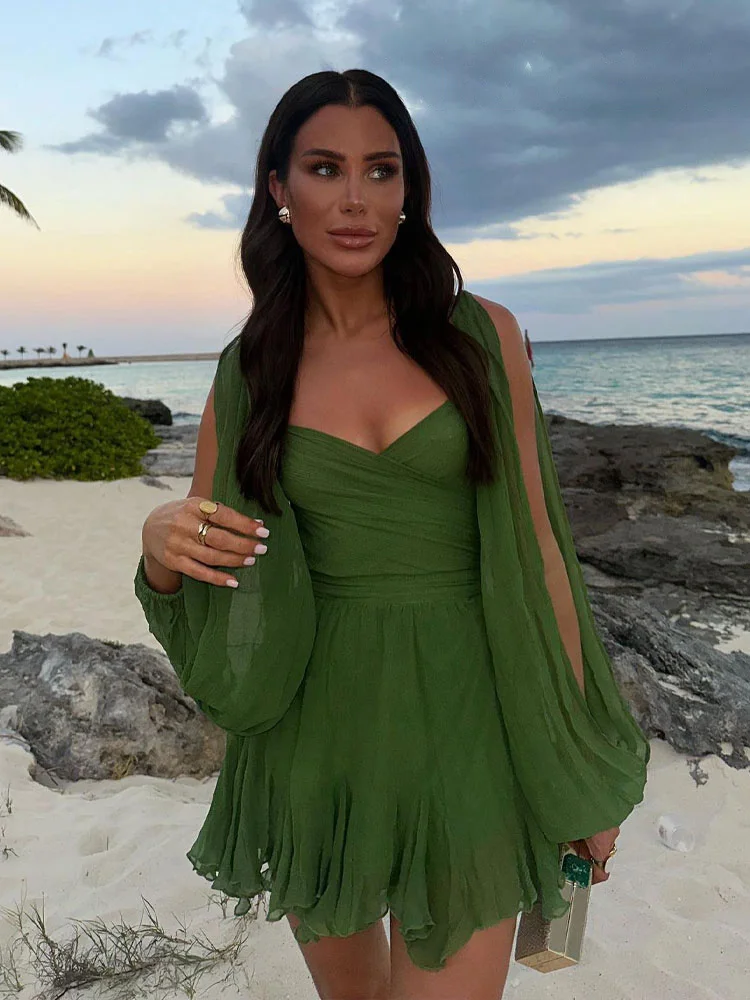 HH Female Chic Summer Chiffon Cut Out Backless Lace Up Mini Dress Woman Elegant Long Sleeve  Beach Vacation Dresses Mujer