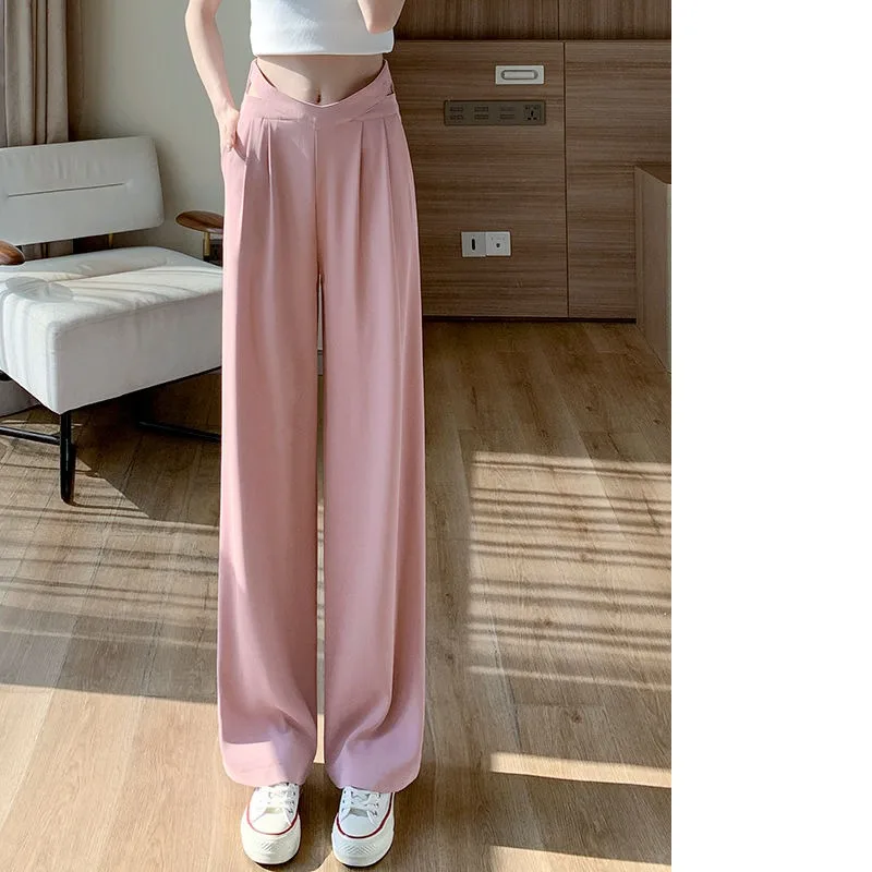 Spring and Autumn Women's Solid Color High Waist Loose Crossed Frenulum Zipper Wide Leg Pants Fashion Casual Commuter Trousers