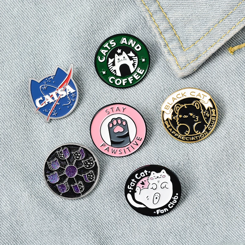 Cats Club Enamel Pin Cat Planet Moon Cafe Paw Badge Custom Kitten Brooches Lapel pin Jeans shirt Bag Cute Animal Jewelry Gift