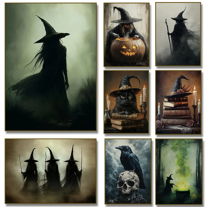 Affiche de chat noir sur des vieux livres avec un chapeau de sorcière, art mural de sorcière sombre, peinture sur toile, impression vintage, décoration d'intérieur pour Halloween