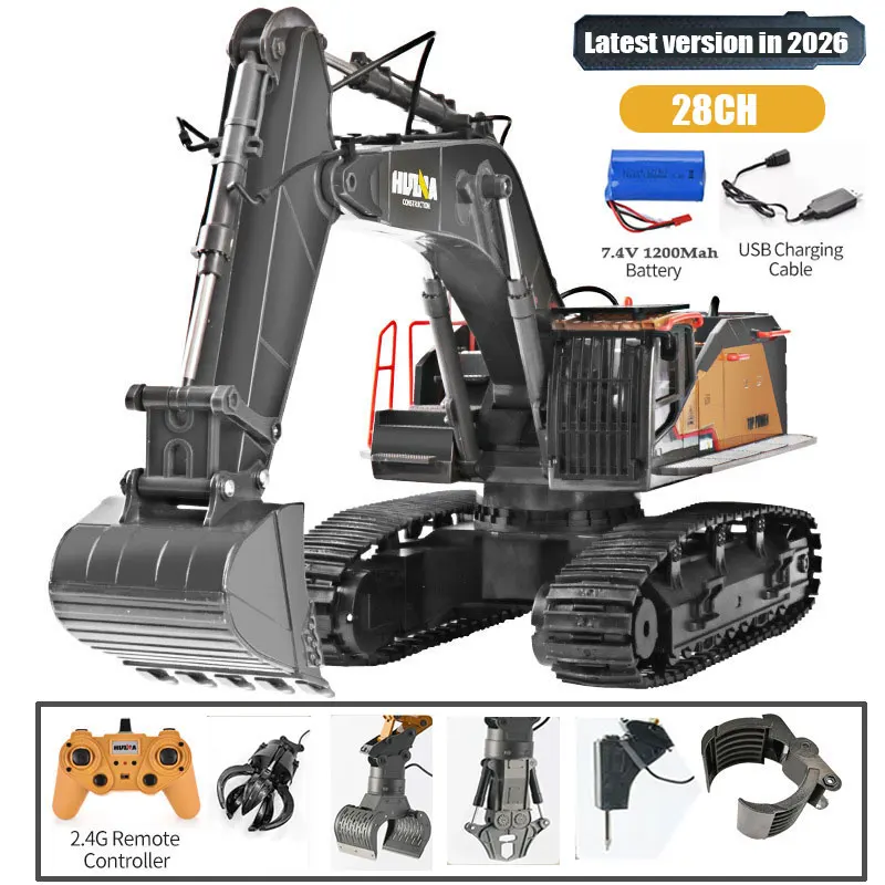 2026 New Huina 1592 RC Excavator 1:14 Scale 28 Channels 2.4G Alloy Remote Control Engineering Crawler Tractor Children's Gift