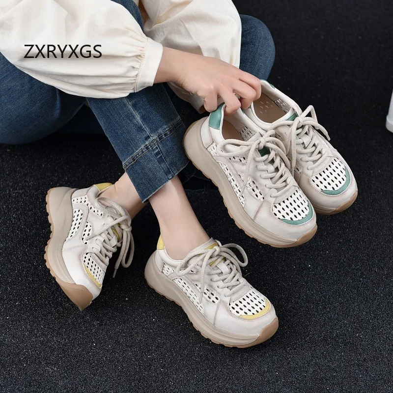 

ZXRYXGS New Spell Color Splicing Genuine Leather Hollow Sneakers Breathable Shoes Thick Sole Increase Women Casual Sneakers 2026